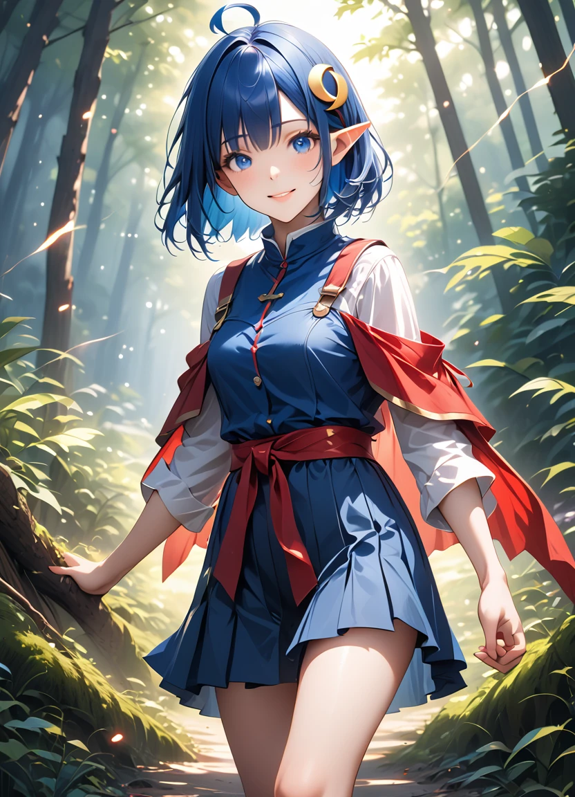 1girl, RENA LANFORD, 1GIRL, AHOGE, BLUE HAIR, SHORT HAIR, BLUE EYES, POINTY EARS CRESCENT HAIR ORNAMENT, RED CAPE, BLUE VEST, LEATHER ARMOR, RED RIBBON, WAIST RIBBON, BLUE SKIRT, MINISKIRT, SHOES, BREAK kawaii, smile, cowboy shot, own hands clasped, forest, night, lightning bug, light particle, BREAK detailed face, smooth skin, cinematic lighting, volumetric shadow, BREAK Ultra-realism, score_9, score_8_up, score_7_up, (masterpiece:1.2), (best quality:1.2), (very aesthetic:1.2), (absurdres:1.2), (detailed background), newest, (intricate:1.2), ai-generated, BREAK