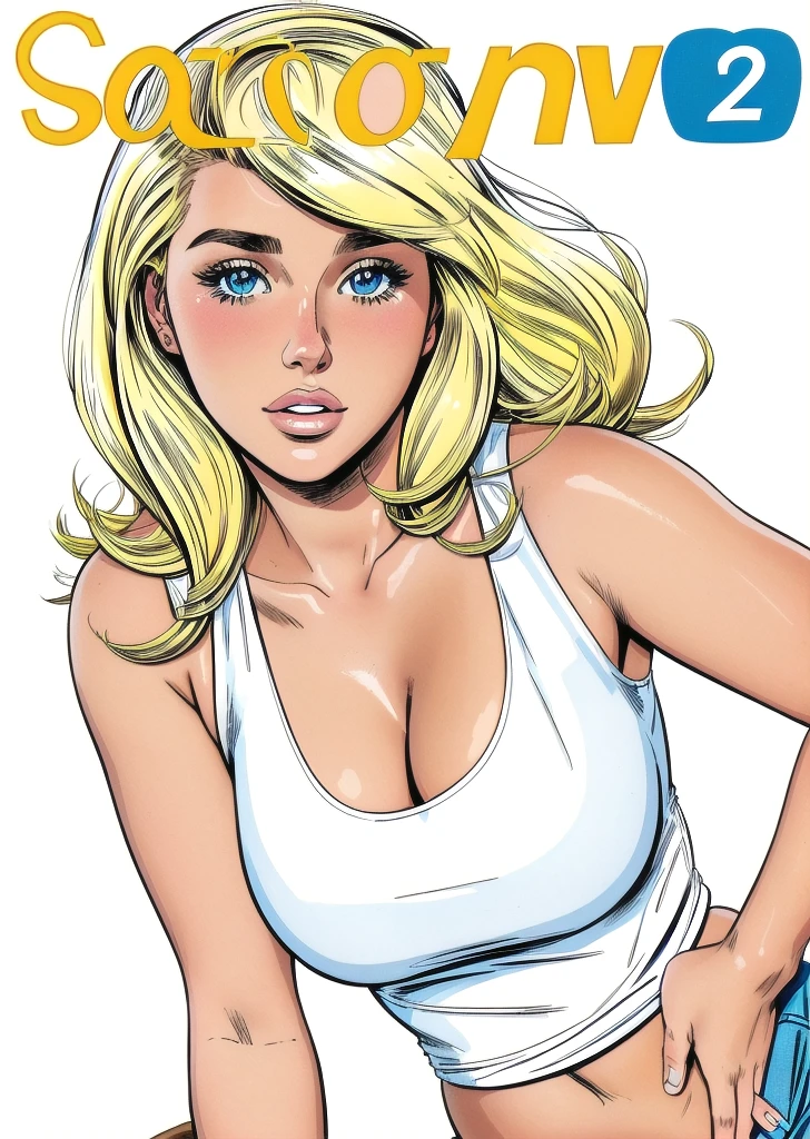 Flat colors, close up, Portrait of a 25 year old surfer looking girl, tan skin, beach blonde salty hair, natural beaty, beautiful, casual, blue Tank- top, Cleavage, (([Simply white Background]))_comics_cover, 