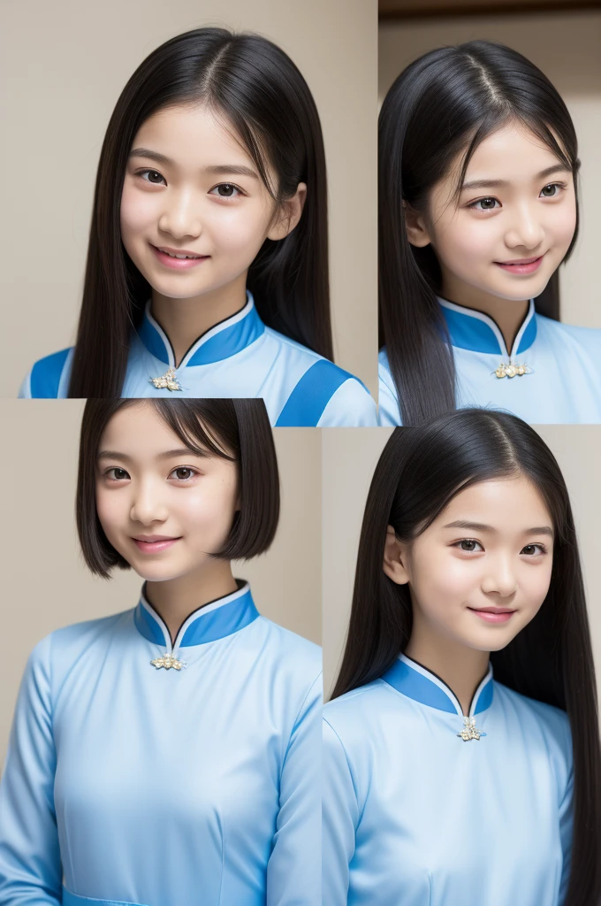 Highest quality、Blue ultra-thin, ultra-fitting, ultra-tight Ao Dai、((とてもかわいい12 years oldの少女、12 years old))、Keep your eyes down、Upper body、Black-haired、Ultra-detailed skin、Moisturized Skin、A shy smile、Details: Ultra-realistic sheer nipples and clearly visible areola