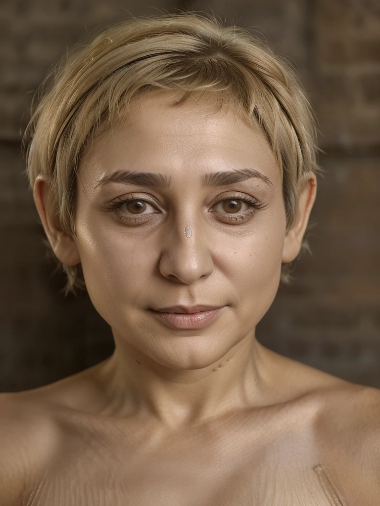 Solo photo of Cherie Gil, (((50 years old))), Armenian old woman, (((Armenian Pixie cut blonde hair))), Armenian brown eyes, (((body and face wrinkles))),