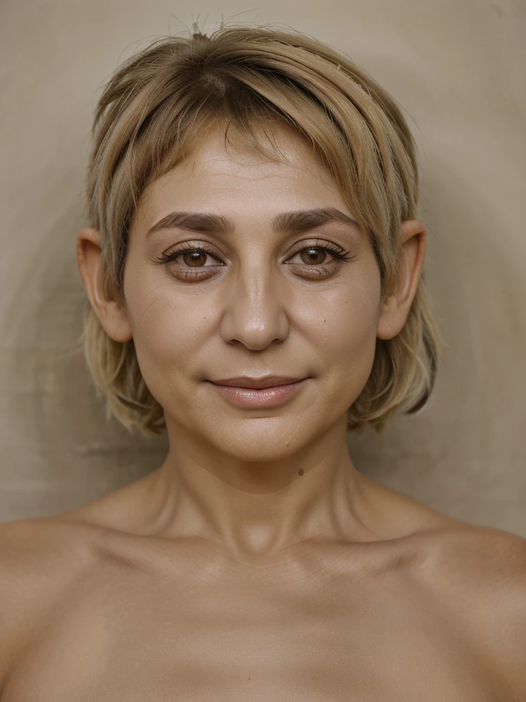 8K, RAW photo, photorealistic, absolutely resolution, ultra detailed, extremely intricate, a photo of 45 years old woman, completely naked, wrinkles, tanned skin, pubic hair, blonde hair, cinematic lighting, standing,