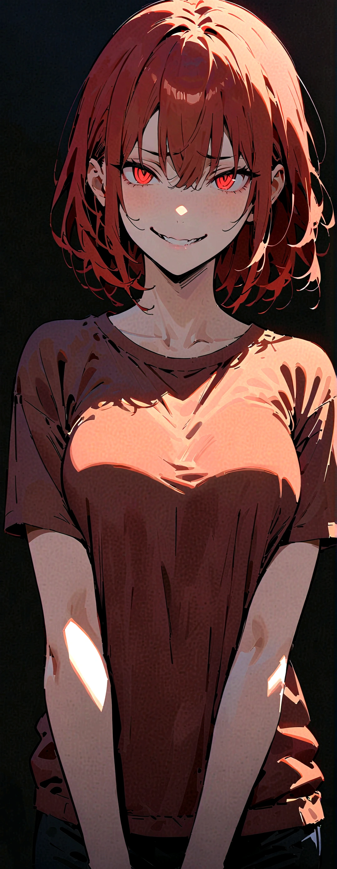 (Masterpiece:1.2, Best Quality), 1 woman, whole body, T-shirt, Casual, medium breasts,long red hair, minimal makeup,pale,Natural fabrics, closeup face, evil smile, bright red eyes circular pupils,8K high resolution, detailed lines, ((whole body)) female mature body