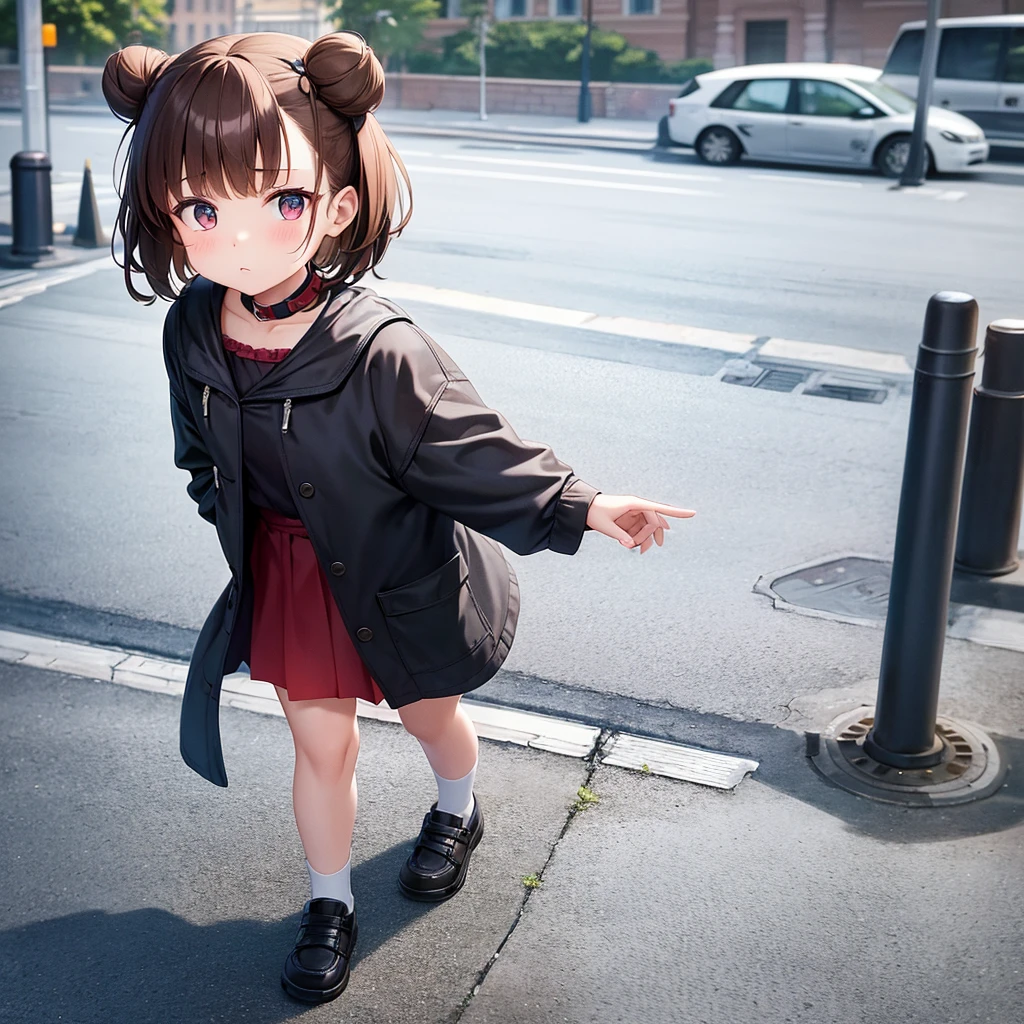 Full body view of an 8 year old Russian girl with brown hair that is tied into a cute bun and wearing a cute outfit that has lots of pockets in the streets of Moscow Russia
