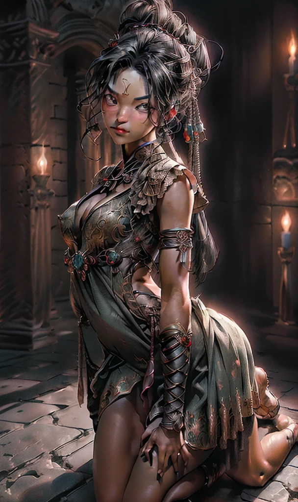 (RAW photo), (Realistic), (photo-realistic), ultra high resolution, masterpiece, highest quality, portrait, facial portrait, perfect lighting, detailed lighting, dramatic shadow, ray tracing, 1 slave girl, ((alone)), ((perfect anatomy)), Voluptuous, cleavage, symmetrical eyes, beautiful detailed brown eyes, big thick thighs, abs, muscle, (((cute face))), short messy hair, black hair, circlet, the night view of the ancient Rome room background, torch, ((wearing a ancient slave costume)), ((kneeling pose)), ((arms behind back:1.3)), looking at viewer,