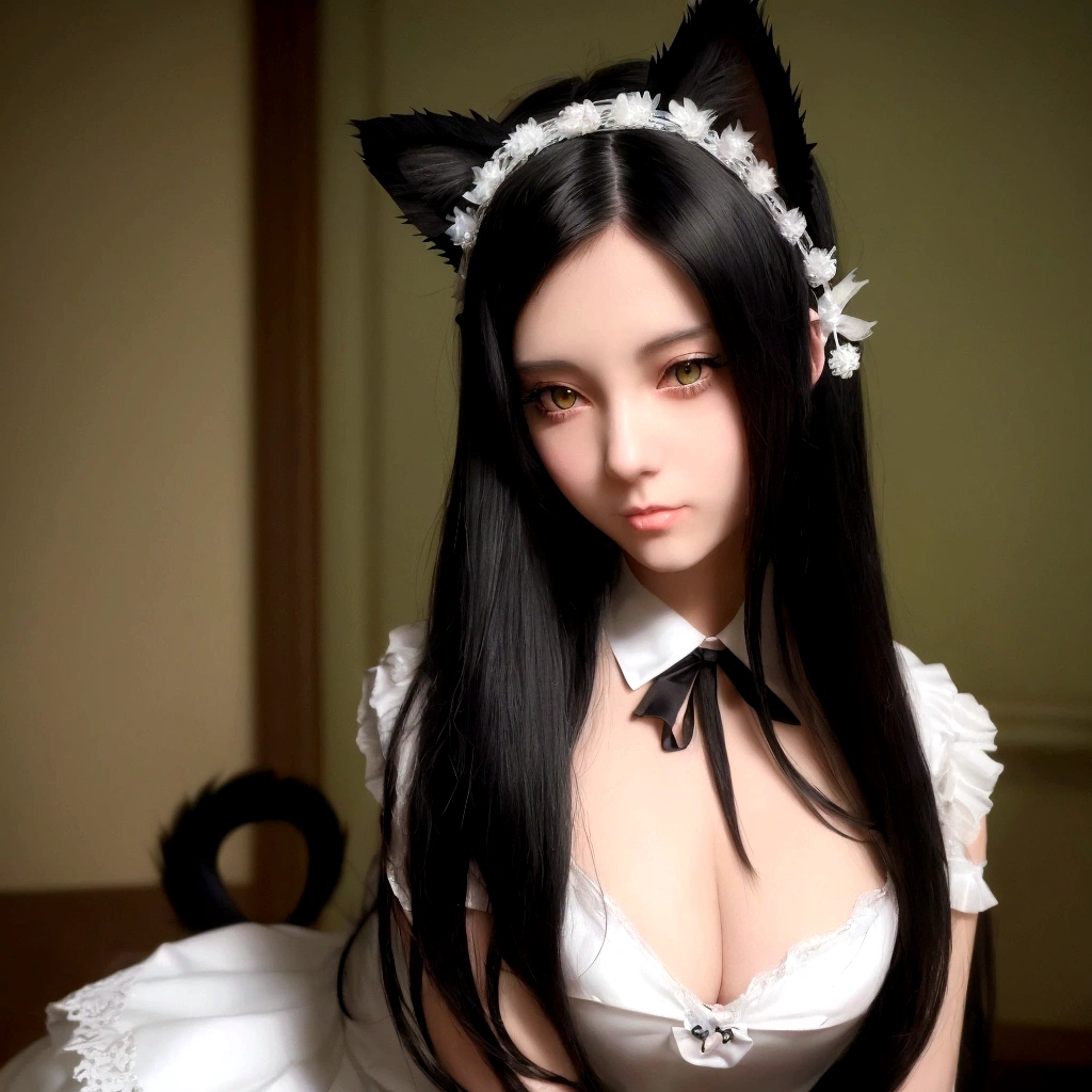 woman with long black hair wearing a white dress, attractive cat girl, very beautiful cute catgirl, anime girl cosplay, beautiful young catgirl, maid! dress, anime cosplay, white cat girl, very beautiful anime cat girl, beautiful anime catgirl, black hair black cat ears, anime girl with cat ears