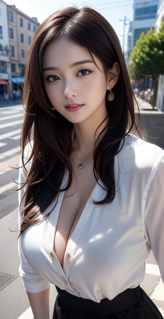 (masterpiece, Best Quality, photorealistic, ultra-detailed, finely detail, high resolution, 8K wallpaper), a close-up portrait of 1 beautiful woman, standing in the city, earrings, necklace, smiling happily, light-brown messy long hair, in black business suit, white collared shirt, unbuttoned, sharp-focus, large-sized breasts, perfect dynamic composition, beautiful detailed eyes, detailed hair, detailed realistic skin texture, a cover of a fashion magazine, professional photography, ,xxmix_girl