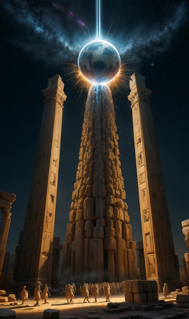 A highly developed civilization builds Baalbek, extraterrestrial giant beings performing a ritual, a celestial singularity, energy fields