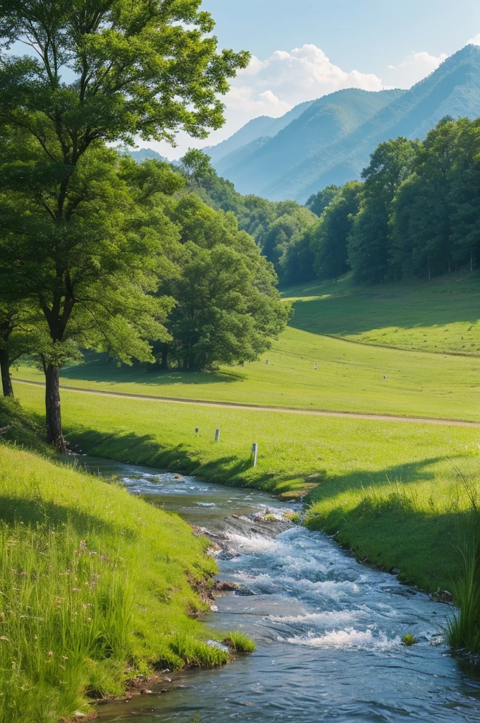 Grass and trees are blowing in the strong wind on the vast grassland。A meadow with a stream、Nobody is here、There is no one、Landscape painting、No person required、No building required、Only trees and grass are needed