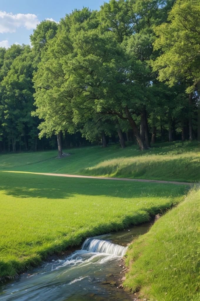 Grass and trees are blowing in the strong wind on the vast grassland。A meadow with a stream、Nobody is here、There is no one、Landscape painting、No person required、No building required、Only trees and grass are needed