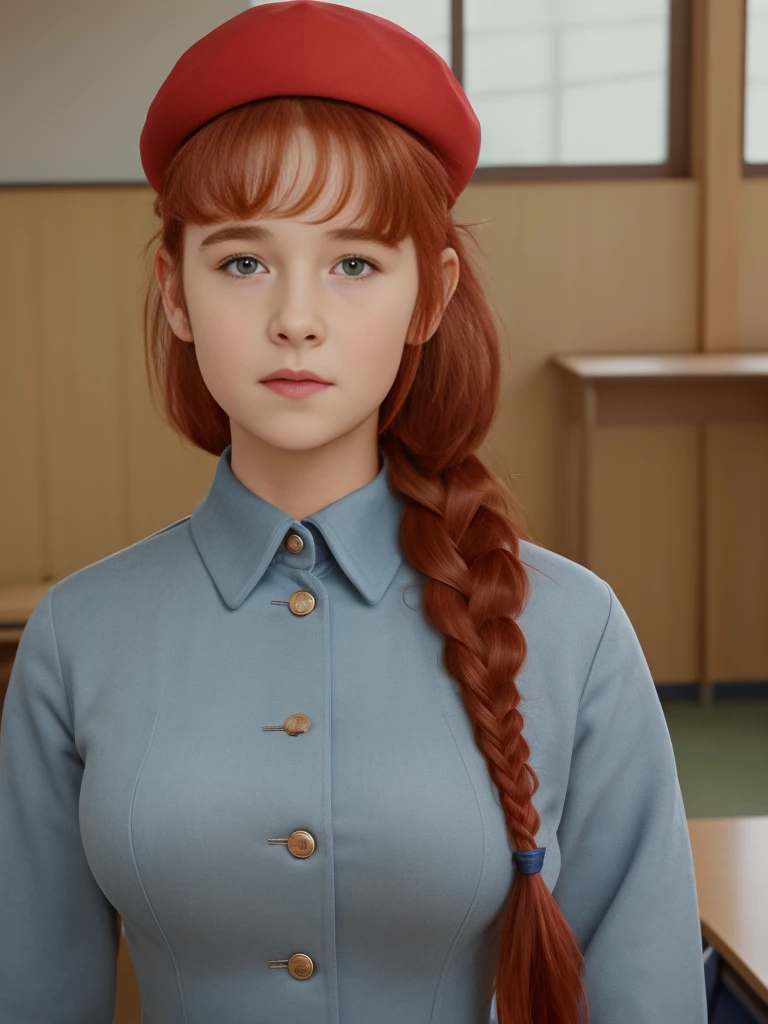 (best quality,4k,8k,highres,masterpiece:1.2),ultra-detailed,(realistic,photorealistic,photo-realistic:1.37), ((a school girl in classroom, she wears uniform and beret, shy, braided red hair)), ((slim body, very large bust size for her young age))