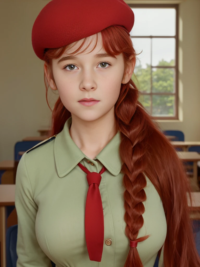 (best quality,4k,8k,highres,masterpiece:1.2),ultra-detailed,(realistic,photorealistic,photo-realistic:1.37), ((a school girl in classroom, she wears uniform and beret, shy, braided red hair)), ((slim body, very large bust size for her young age))