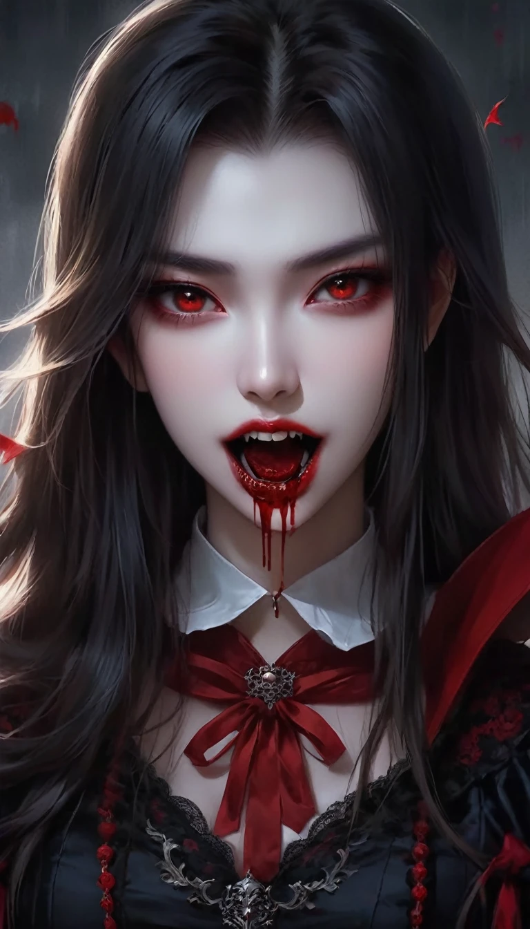 1 Beautiful Vampire Girl,Fangs:1.37,Blood stains at the corners of mouth,Imitating Zheng Xiaorong's style, Simplicity, Simple design,White background,Soft tones,Soft lighting and subtle shadows, Sharp focus and high resolution.