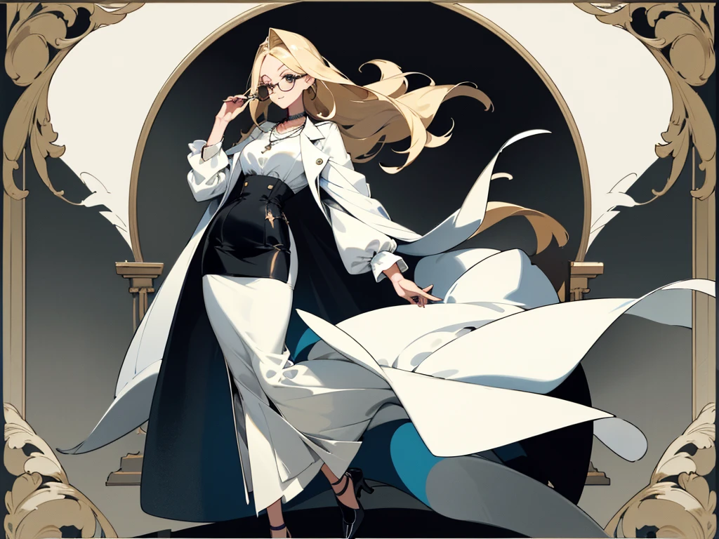 masterpiece: 1.6, best quality: 1.4, live image: 1.2, intricate details: 1.2, charturnerv2: 1.2, 1lady full body character change,
appearance: milf: 1.25, The image shows a young woman with an elegant and professional style. Next, His characteristics and attire are described in detail.:
### Physical description:
- **Hair**: He has long blonde hair, with a loose hairstyle and soft waves that fall over her shoulders.
- **face**: He wears round frame glasses, which gives it an intellectual aspect. His expression is calm and confident., with a light smile.
- **Quick**: Her skin is clear and soft.
### Outfit Description:
- **blouse**: She is wearing a white long-sleeved blouse., with a tight-fitting design. The blouse has a V-shaped neckline, that gives it a sophisticated and elegant touch.
- **Skirt**: She wears a black pencil skirt that reaches mid-calf. The skirt is tight and classic cut, highlighting her slender figure.
- **accessories**:
- **collar**: She wears a necklace with a green pendant, that adds a touch of color to your outfit.
- **pocket**: She holds a white bag in her right hand, that complements your style.
- **glasses**: Its round frame glasses add an air of sophistication and intelligence.
- **shoes**: Wear black heels, which match perfectly with your skirt and complete your professional outfit.
### POSTURE:
- **hands**: His left hand is resting on his hip, which denotes trust and security. The right hand holds the bag.
- **body**: He stands with a firm and elegant posture, showing self-confidence.
### General appearance:
The woman projects an image of elegance, professionalism and trust. Your outfit is carefully chosen for an office or business setting, with details that reflect his sophisticated and fashionable style. The glasses and necklace add personal touches that complement your overall appearance.