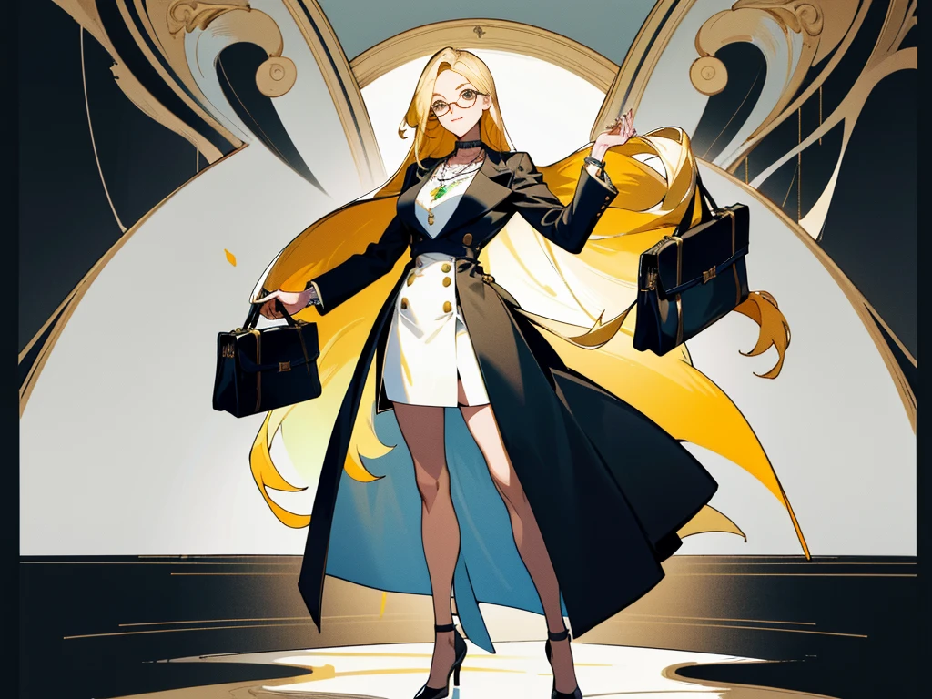 masterpiece: 1.6, best quality: 1.4, live image: 1.2, intricate details: 1.2, charturnerv2: 1.2, 1lady full body character change,
appearance: milf: 1.25, The image shows a young woman with an elegant and professional style. Next, His characteristics and attire are described in detail.:
### Physical description:
- **Hair**: He has long blonde hair, with a loose hairstyle and soft waves that fall over her shoulders.
- **face**: He wears round frame glasses, which gives it an intellectual aspect. His expression is calm and confident., with a light smile.
- **Quick**: Her skin is clear and soft.
### Outfit Description:
- **blouse**: She is wearing a white long-sleeved blouse., with a tight-fitting design. The blouse has a V-shaped neckline, that gives it a sophisticated and elegant touch.
- **Skirt**: She wears a black pencil skirt that reaches mid-calf. The skirt is tight and classic cut, highlighting her slender figure.
- **accessories**:
- **collar**: She wears a necklace with a green pendant, that adds a touch of color to your outfit.
- **pocket**: She holds a white bag in her right hand, that complements your style.
- **glasses**: Its round frame glasses add an air of sophistication and intelligence.
- **shoes**: Wear black heels, which match perfectly with your skirt and complete your professional outfit.
### POSTURE:
- **hands**: His left hand is resting on his hip, which denotes trust and security. The right hand holds the bag.
- **body**: He stands with a firm and elegant posture, showing self-confidence.
### General appearance:
The woman projects an image of elegance, professionalism and trust. Your outfit is carefully chosen for an office or business setting, with details that reflect his sophisticated and fashionable style. The glasses and necklace add personal touches that complement your overall appearance.