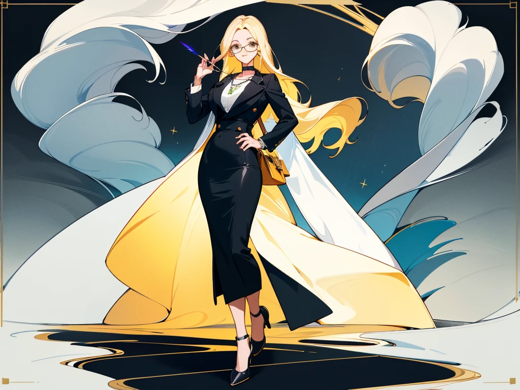 masterpiece: 1.6, best quality: 1.4, live image: 1.2, intricate details: 1.2, charturnerv2: 1.2, 1lady full body character change,
appearance: milf: 1.25, The image shows a young woman with an elegant and professional style. Next, His characteristics and attire are described in detail.:

### Physical description:
- **Hair**: He has long blonde hair, with a loose hairstyle and soft waves that fall over her shoulders.
- **face**: He wears round frame glasses, which gives it an intellectual aspect. His expression is calm and confident., with a light smile.
- **Quick**: Her skin is clear and soft.

### Outfit Description:
- **blouse**: She is wearing a white long-sleeved blouse., with a tight-fitting design. The blouse has a V-shaped neckline, that gives it a sophisticated and elegant touch.
- **Skirt**: She wears a black pencil skirt that reaches mid-calf. The skirt is tight and classic cut, highlighting her slender figure.
- **accessories**: 
  - **collar**: She wears a necklace with a green pendant, that adds a touch of color to your outfit.
  - **pocket**: She holds a white bag in her right hand, that complements your style.
  - **glasses**: Its round frame glasses add an air of sophistication and intelligence.
- **shoes**: Wear black heels, which match perfectly with your skirt and complete your professional outfit.

### POSTURE:
- **hands**: His left hand is resting on his hip, which denotes trust and security. The right hand holds the bag.
- **body**: He stands with a firm and elegant posture, showing self-confidence.

### General appearance:
The woman projects an image of elegance, professionalism and trust. Your outfit is carefully chosen for an office or business setting, with details that reflect his sophisticated and fashionable style. The glasses and necklace add personal touches that complement your overall appearance.