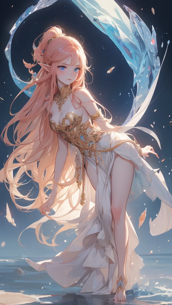work of art, mythical effects, best resolution, ultra epic details, No defects, best result. better rendering, waifu fiery hair, ( BEAUTIFUL ELF ), ( crystal blue eyes) pale skin, blushed face, bare feet, wearing medieval clothing, Nature in the background, gazing at viewer, determination position, (happy expression