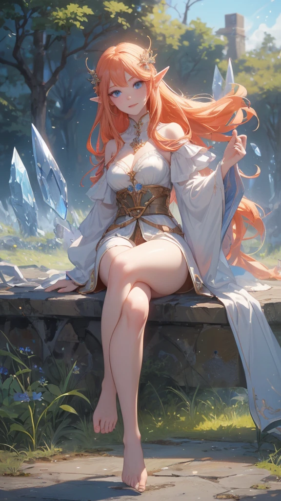 work of art, mythical effects, best resolution, ultra epic details, No defects, best result. better rendering, waifu fiery hair, ( BEAUTIFUL ELF ), ( honey-colored eyes ) pale skin, blushed face, bare feet, wearing medieval clothing, Nature in the background, gazing at viewer, determination position, (happy expression