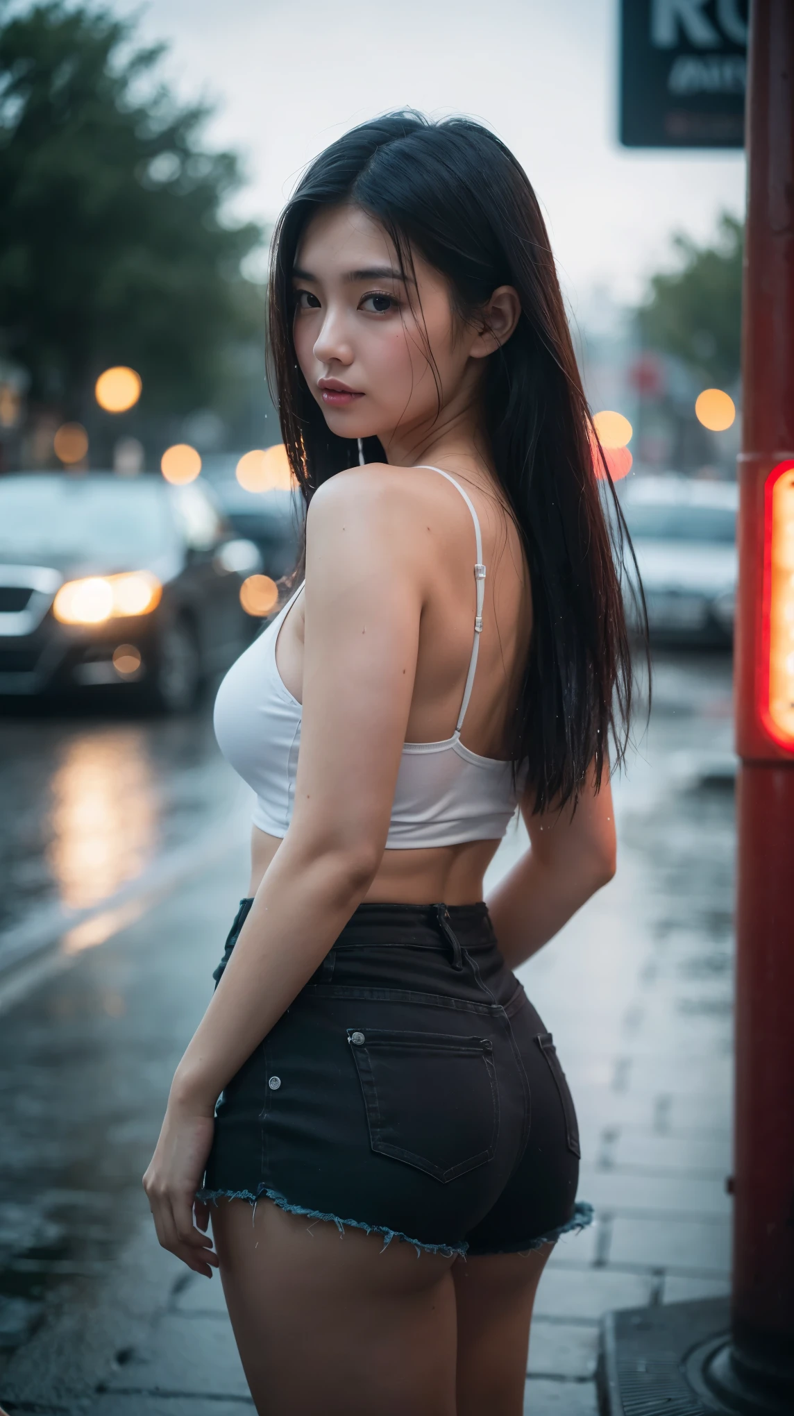 1girl,solo,long hair,Rough skin,(looking at viewer:1.2),wet hair,micro_shorts,dark,polaroid,(depth_of_field:1.5),rainy days,outdoors,street,hair between eyes,moody lighting,Tyndall effect,Cinematic Lighting,night,lamppost,lens flare,available light,rim light,glowing neon lights,curvy,chinese_style,