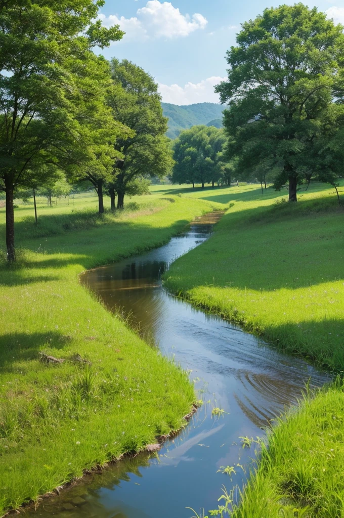 Grass and trees are blowing in the strong wind on the vast grassland。A meadow with a stream、Nobody is here、There is no one、Landscape painting、No person required、No building required、Only trees and grass are needed