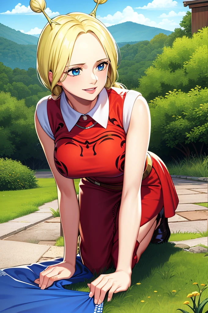 Tabletop, ((Very detailed背景, Delicate pattern, Intricate details)), (Very detailed, Fine details), Highest quality, Beautiful lighting, ((Big Breasts, Slim girl)), corn, One Girl, alone, Blonde, wing, Twin Blade, smile, dress, blue eyes, good, Complex and detailed background, blue sky, Grassland, wood, natural environment, (Cowboy Shot),On all fours、Collars and Leads、Blindfold