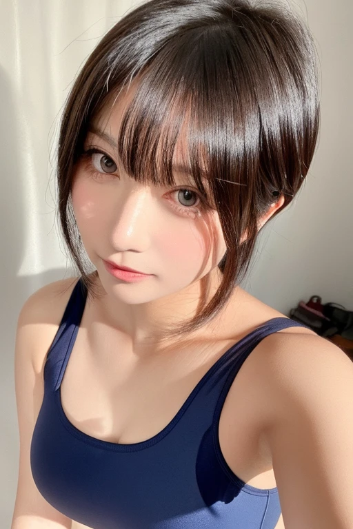 30-year-old woman, Gal Makeup、Bust 102cm, Brown Hair,  Small Mouth、Realistic Face、 In a school swimsuit、 Shaved pussy exposed、Full body image、Exposing breasts、High resolution