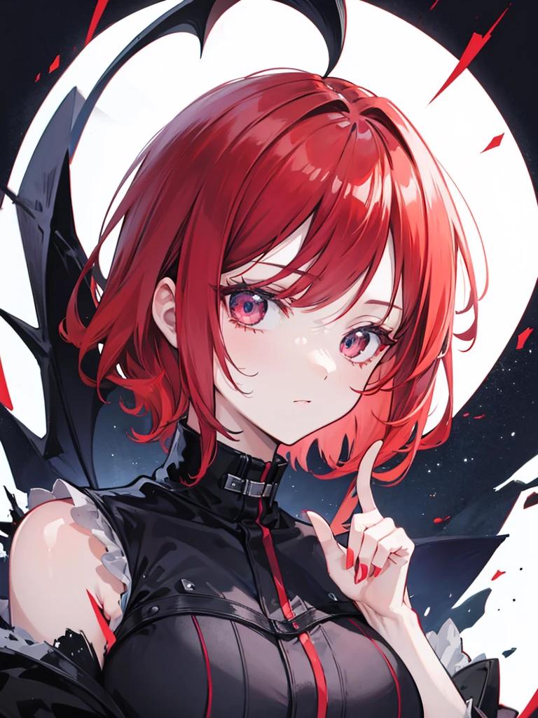 demonic girl face redhead short hair with dark sky