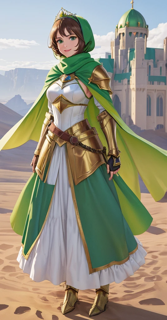 masterpiece, best quality:1.2), 1girl, smile, looking at viewer, green eyes, short brown hair, princess, armor, blue hijab headscarf, pauldrons, armored dress, green cloak cape, wearing puffy blue ballgown skirt, golden tiara with green gem, armored boots, fingerless gloves, standing in front of desert castle