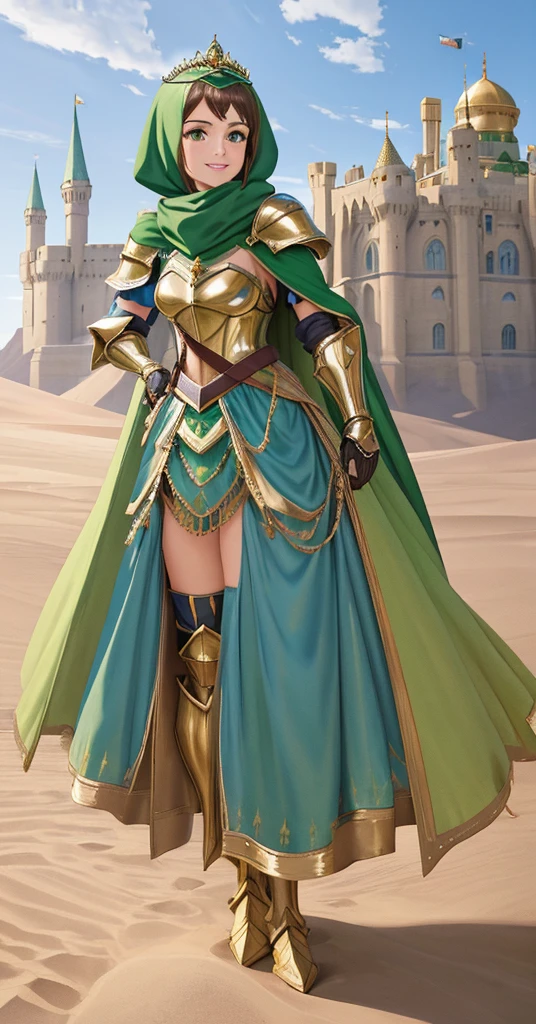 masterpiece, best quality:1.2), 1girl, smile, looking at viewer, green eyes, short brown hair, princess, armor, blue hijab headscarf, pauldrons, armored dress, green cloak cape, wearing puffy blue ballgown skirt, golden tiara with green gem, armored boots, fingerless gloves, standing in front of desert castle