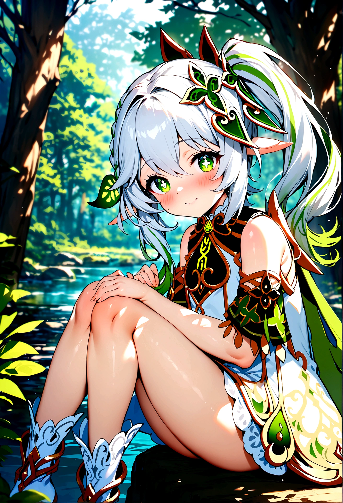 Cute, green eyes, 1 girl, sitting, white hair, (genshin impact), naked, show pussy,