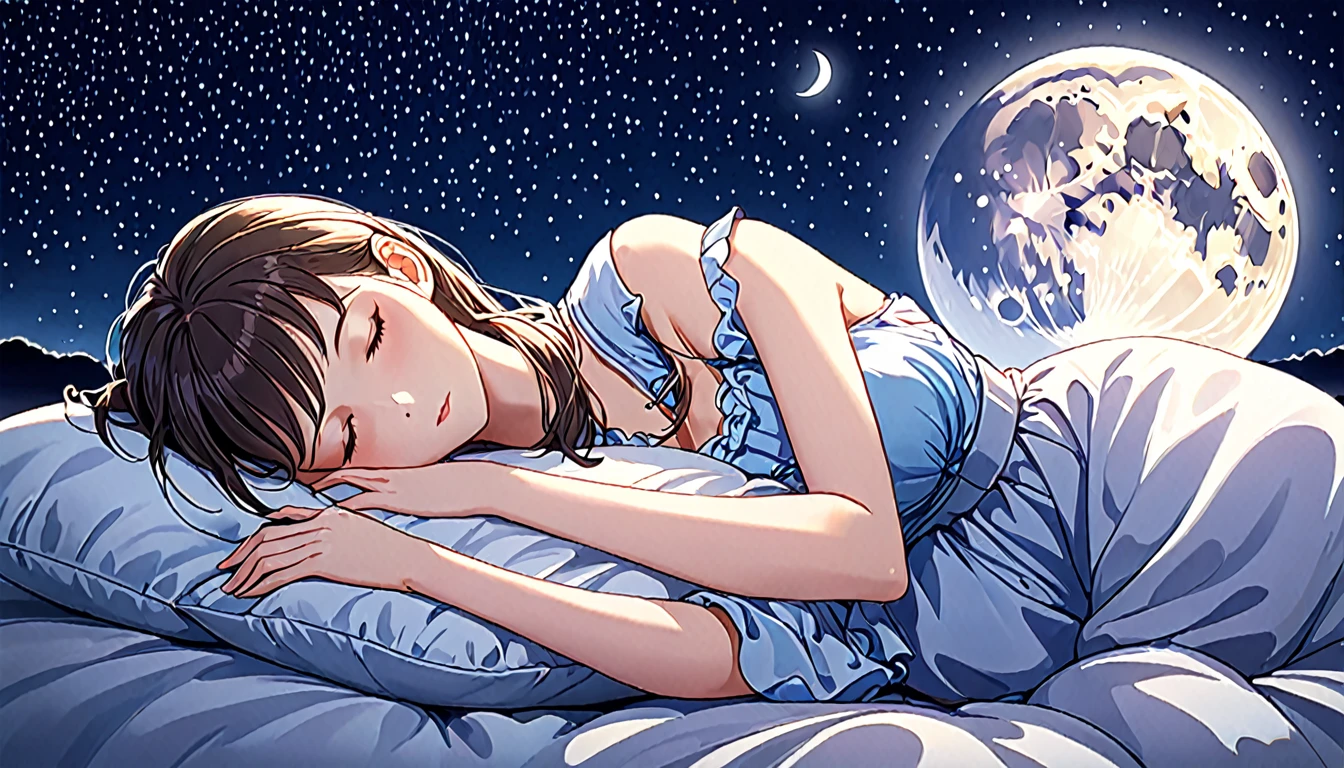 (Highest quality),Beautiful woman sleeping on a pillow ,a working woman,Night Sky, star, full moon