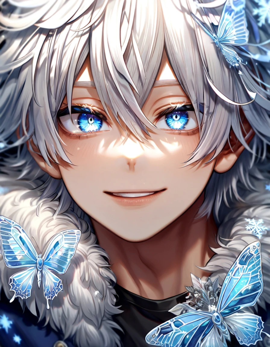 absurdres, highres, ultra detailed, HDR, master piece, best quality, extremely detailed face, delicated features, Himura Satoru, white hair, messy hair, hair between the eyes, expressive blue eyes, white eyelashes, Boku No Hero Academia, sexy man, solo, handsome, smile, blue jacket with fur, black T-shirt, fantasy, magical, ice, ice butterflies, snowflakes, starry night, ice style