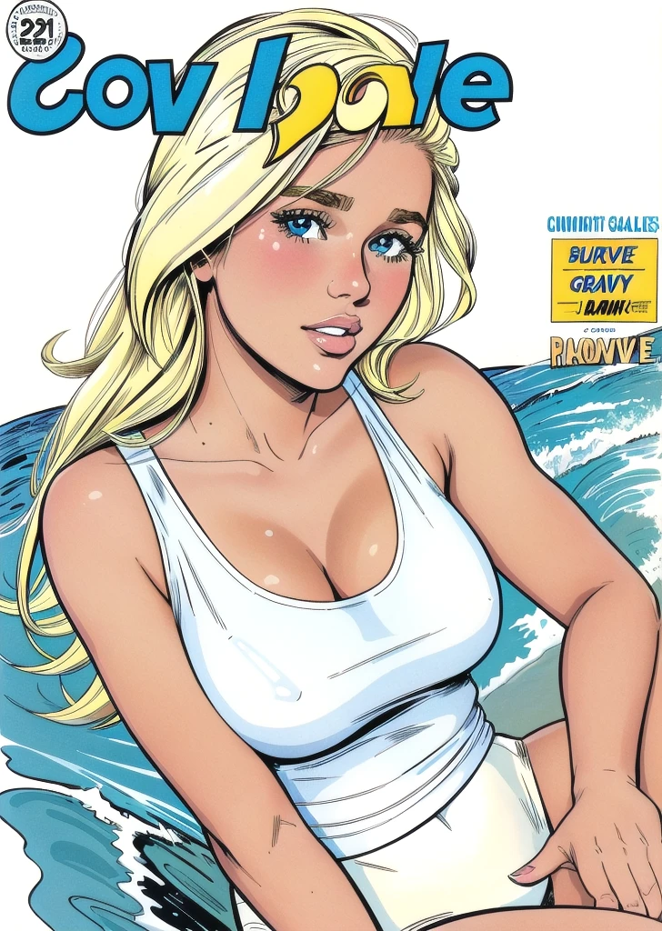 Flat colors, close up, Portrait of a 25 year old surfer looking girl, tan skin, beach blonde salty hair, natural beaty, beautiful, casual, blue Tank- top, Cleavage, (([Simply white Background]))_comics_cover, 