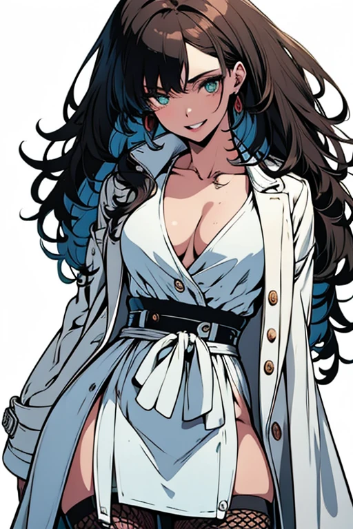 ((best qualityer)), ((work of art)), (detailded), 1 girl, shoulder to shoulder coat,(work of art, best qualityer, beautiful and aesthetic) (a one woman), extremely detailed, colorfully, more detailed, beautfull woman, amber eyes, olhos detaildeds, gentle look, dark brown hair, long dread style hair (cabelo boby marley), locks of hair over the shoulders, hair reaching to the middle of the back, cute smile, fine lips, 1,67 meters high, Caucasian skin, Small bust, Waist slender, hourglass body, Broad Hips, wide thighhighs, big-ass, slim, 23 year old, sexly, sensuous, wearing low-cut Italian mafia-style suit, exposed belly, big cleavage,Rosa buttonhole no peito, covered by a feminine coat, mafia skirt, Fishnet Strap Type Pantyhose,