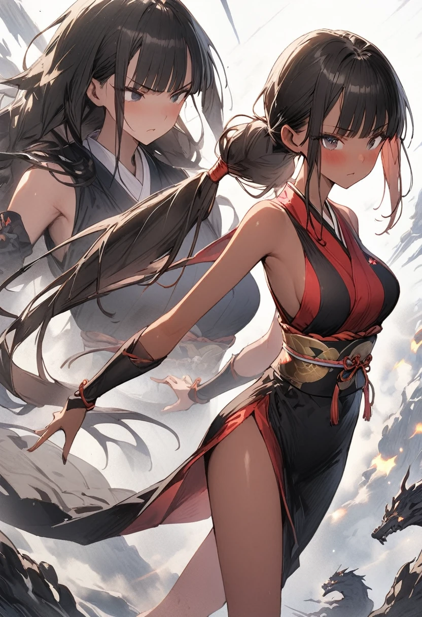 Action Scenes、(A woman fighting countless monsters),((masterpiece,Highest quality:1.3,best quality illustration)), 独奏,1woman,(Mature Japan beauties)、black hair,(low ponytail hair style),long hair,blunt bangs,black eyes,gorgeous eyes,((very small head:1.3)),blush,Serious expression,((very long body:1.2)),medium breasts,(tan skin), (gleaming skin,toned body,slender body, skinny),(Female Ninja Costume、A simple, patternless black kimono、、Black Skirt、Side slits,Explosive Ninjutsu),fly、rooftop of high-rise building、Moonlit Night、Tokyo、