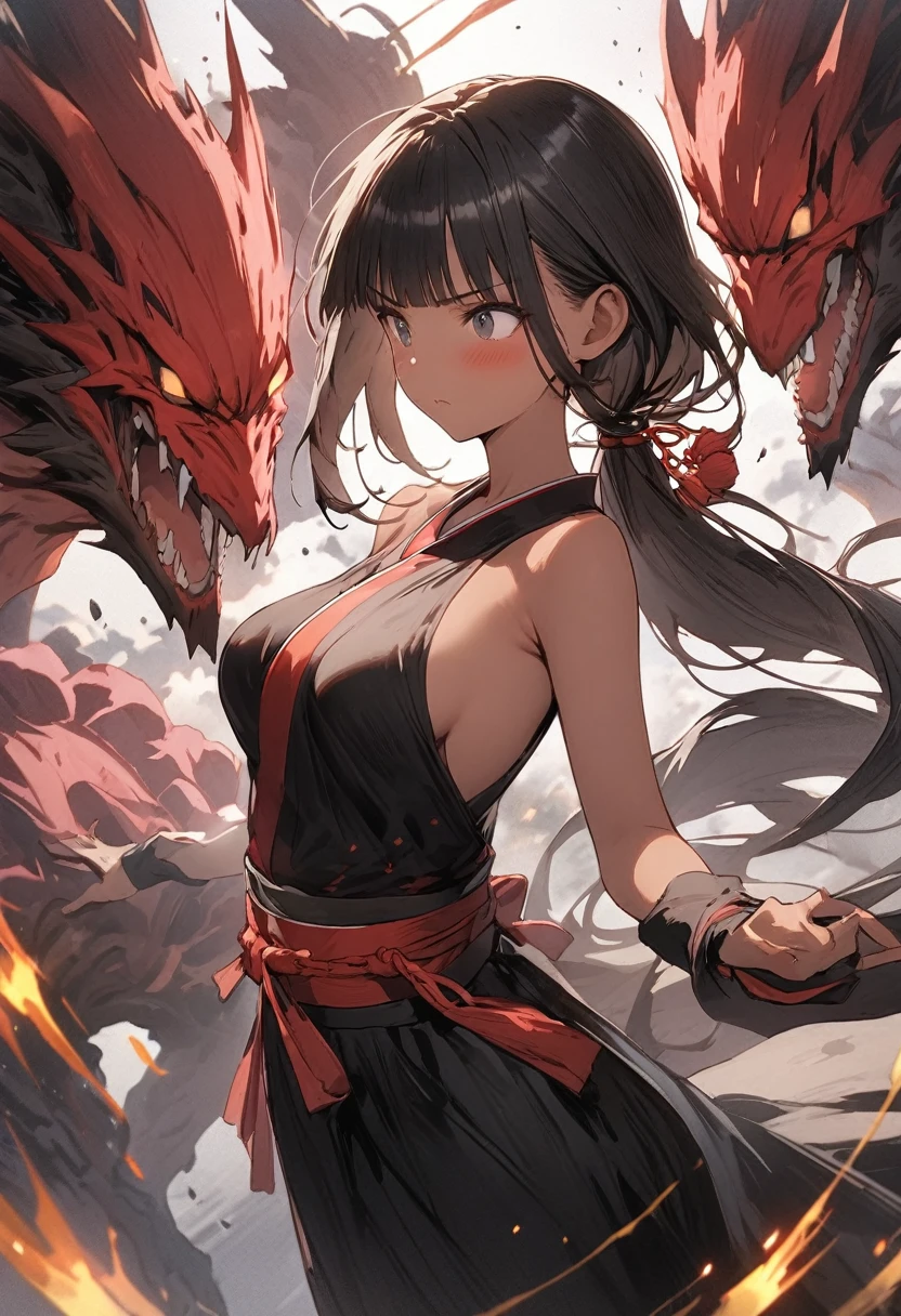 Action Scenes、(A woman fighting countless monsters),((masterpiece,Highest quality:1.3,best quality illustration)), 独奏,1woman,(Mature Japan beauties)、black hair,(low ponytail hair style),long hair,blunt bangs,black eyes,gorgeous eyes,((very small head:1.3)),blush,Serious expression,((very long body:1.2)),medium breasts,(tan skin), (gleaming skin,toned body,slender body, skinny),(Female Ninja Costume、A simple, patternless black kimono、、Black Skirt、Side slits,Explosive Ninjutsu),fly、rooftop of high-rise building、Moonlit Night、Tokyo、