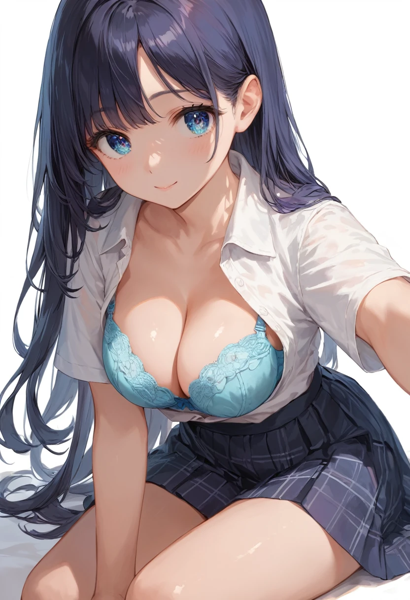 score_9, score_8_up, score_7_up,source_anime, high res image,masterpiece,best quality,girl,cute face,clear skin,shiny hair,ultra detailed eyes,simple background, , shirt,skirt,cleavage, blue bra,