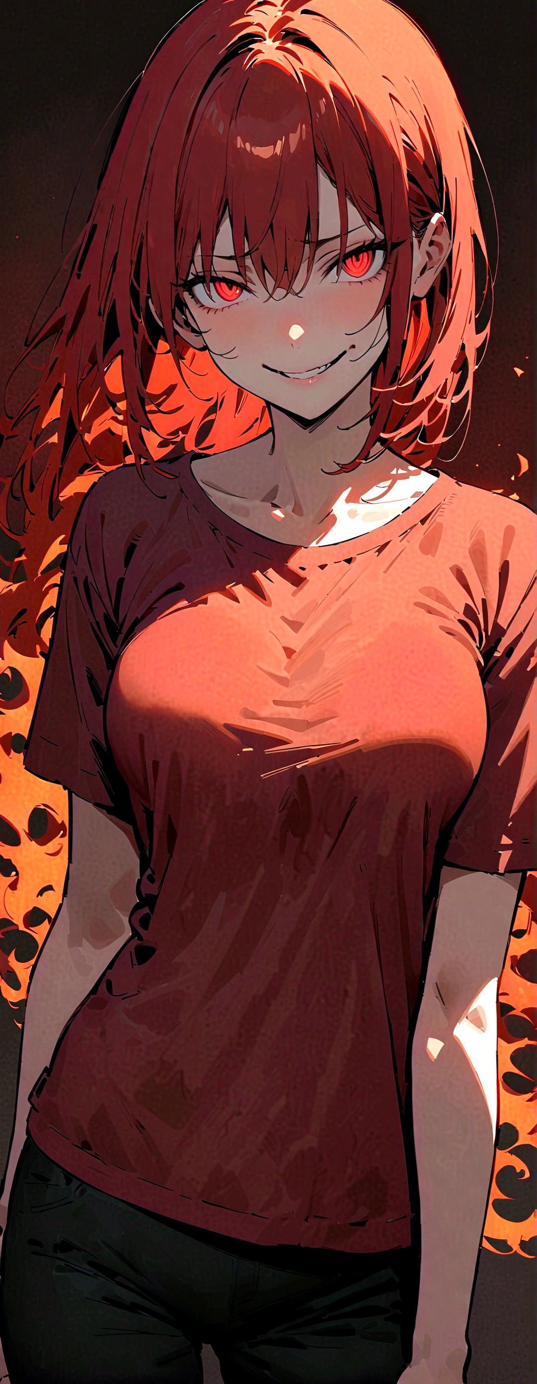 (Masterpiece:1.2, Best Quality), 1 woman, whole body, T-shirt, Casual, medium breasts,long red hair, minimal makeup,pale,Natural fabrics, closeup face, evil smile, bright red eyes circular pupils,8K high resolution, detailed lines, ((whole body)) female mature body 
