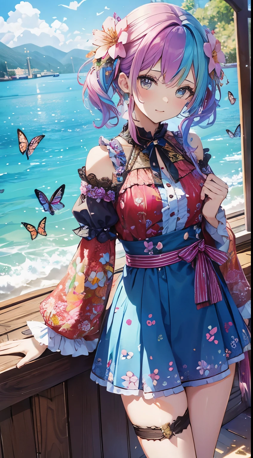 cute women with rainbow hair, multicolored butterflies, water, colorful blossoms