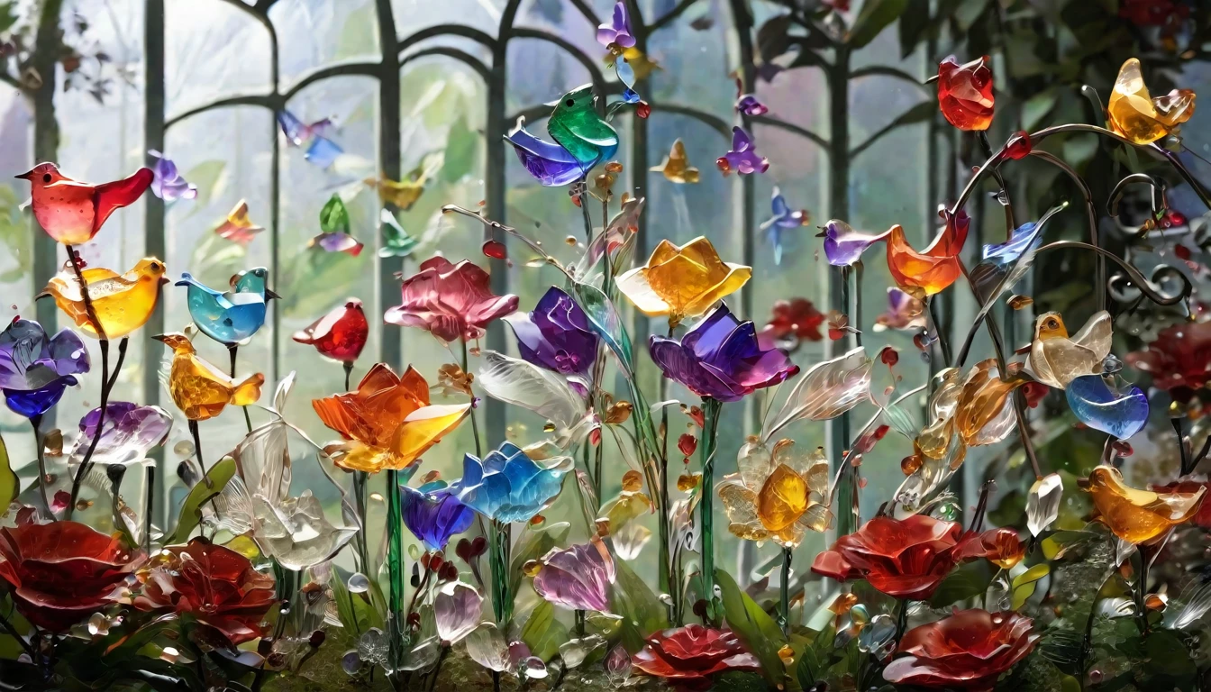 A whimsical garden filled with glass flowers, each one delicately crafted and surrounded by fluttering glass birds.