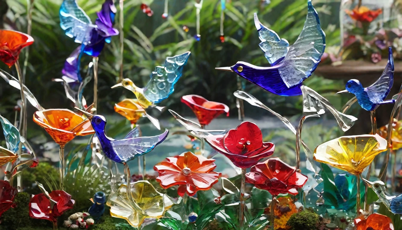 A whimsical garden filled with glass flowers, each one delicately crafted and surrounded by fluttering glass birds.
