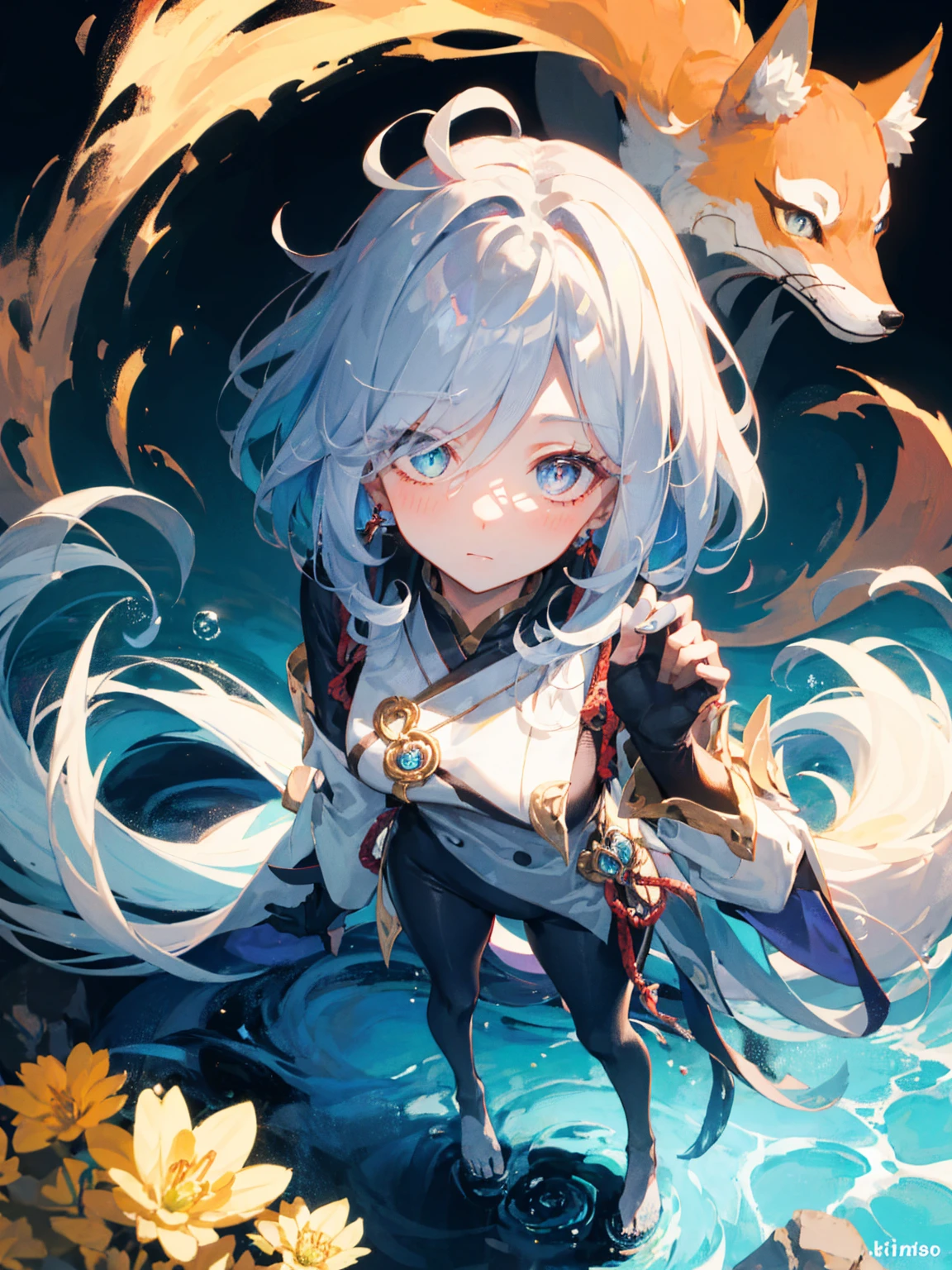 (masterpiece), (best quality), (ultra detailed),(disheed hair),(illustration), (1girl), (Fashionable clothing), standing, Fashion model, looking at viewer, (interview), (simple background), beautiful and delicate eyes, delicate beauty, floating, (high saturation), (colorful splash), colorful bubbles, (shine), focus on face, ponytail, Ayaka Kamisato, light blue hair, bangs, hair circle, floating flowers, flowing hair, (shiny), best lighting, best shadow, full body, vista, ultra detailed eyes, detailed iris, sparkle eyes, (multicolored eyes), (heterochromia), (messy hair:1.3), (red hair:1.3), (long ponytail:1.3), (hair over one eye:1.3), (wavy hair:1.1), (nude), (completely nude), kitsune, (kitsune mask:1.3), (fox mask:1.3), fox tails