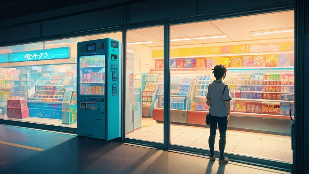 there is a vending machine in front of a store, concept art by Kose Kanaoka, pixiv, conceptual art, convenience store, anime background art, style of makoto shinkai, high detailed store, in style of makoto shinkai, studio glibly makoto shinkai, anime scenery concept art, clean detailed anime art, yuji himukai