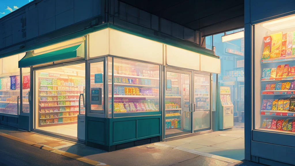 there is a vending machine in front of a store, concept art by Kose Kanaoka, pixiv, conceptual art, convenience store, anime background art, style of makoto shinkai, high detailed store, in style of makoto shinkai, studio glibly makoto shinkai, anime scenery concept art, clean detailed anime art, yuji himukai