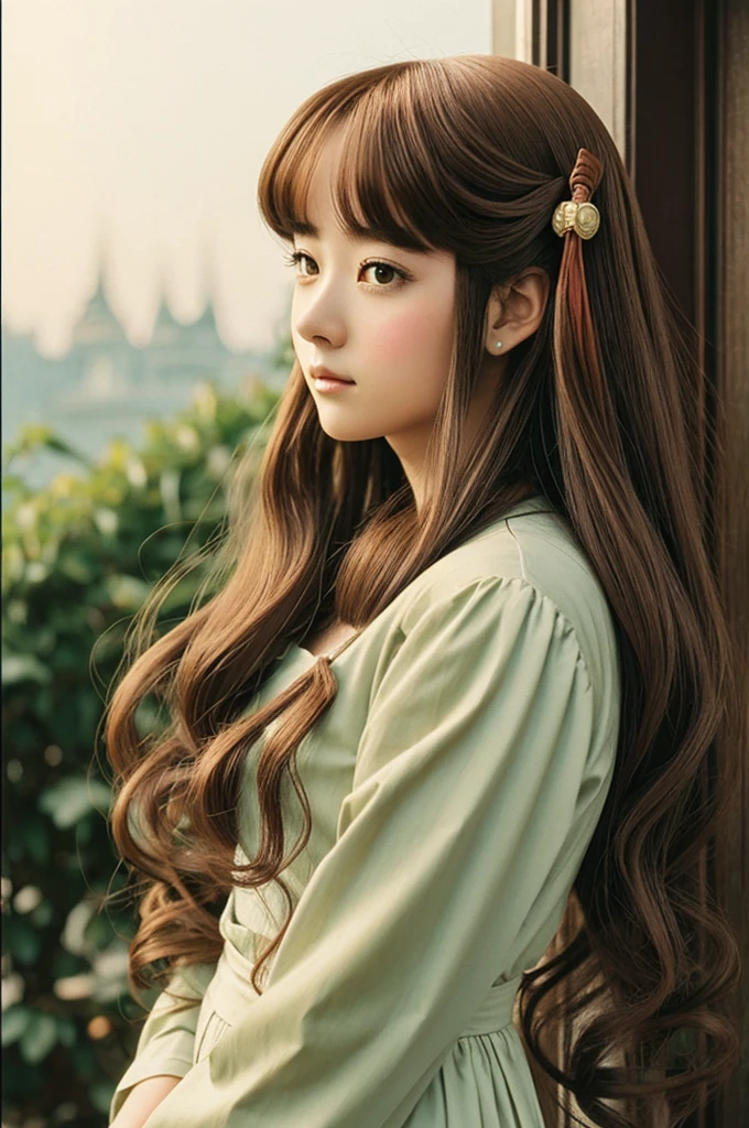girl with long permed hair,(Vintage 90:1.1),(romantic anime style:1.3),, tobacco