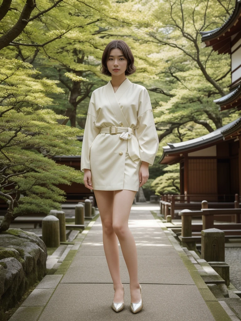 her name is Asako, high quality, 1girl, ((20-year-old fit Caucasian woman)), ((20 years old)), ((slim)), ((Wavy Bob)), doll face pose: standing, wearing stylish fashionable coquette wear different colored, BACKGROUND: In the serene gardens of Kyoto's Kinkaku-ji Temple