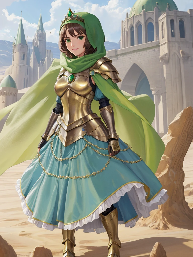 masterpiece, best quality:1.2), 1girl, smile, looking at viewer, green eyes, short brown hair, princess, armor, blue hijab headscarf, pauldrons, armored dress, green cloak cape, wearing puffy blue ballgown skirt, golden tiara with green gem, armored boots, fingerless gloves, standing in front of desert castle