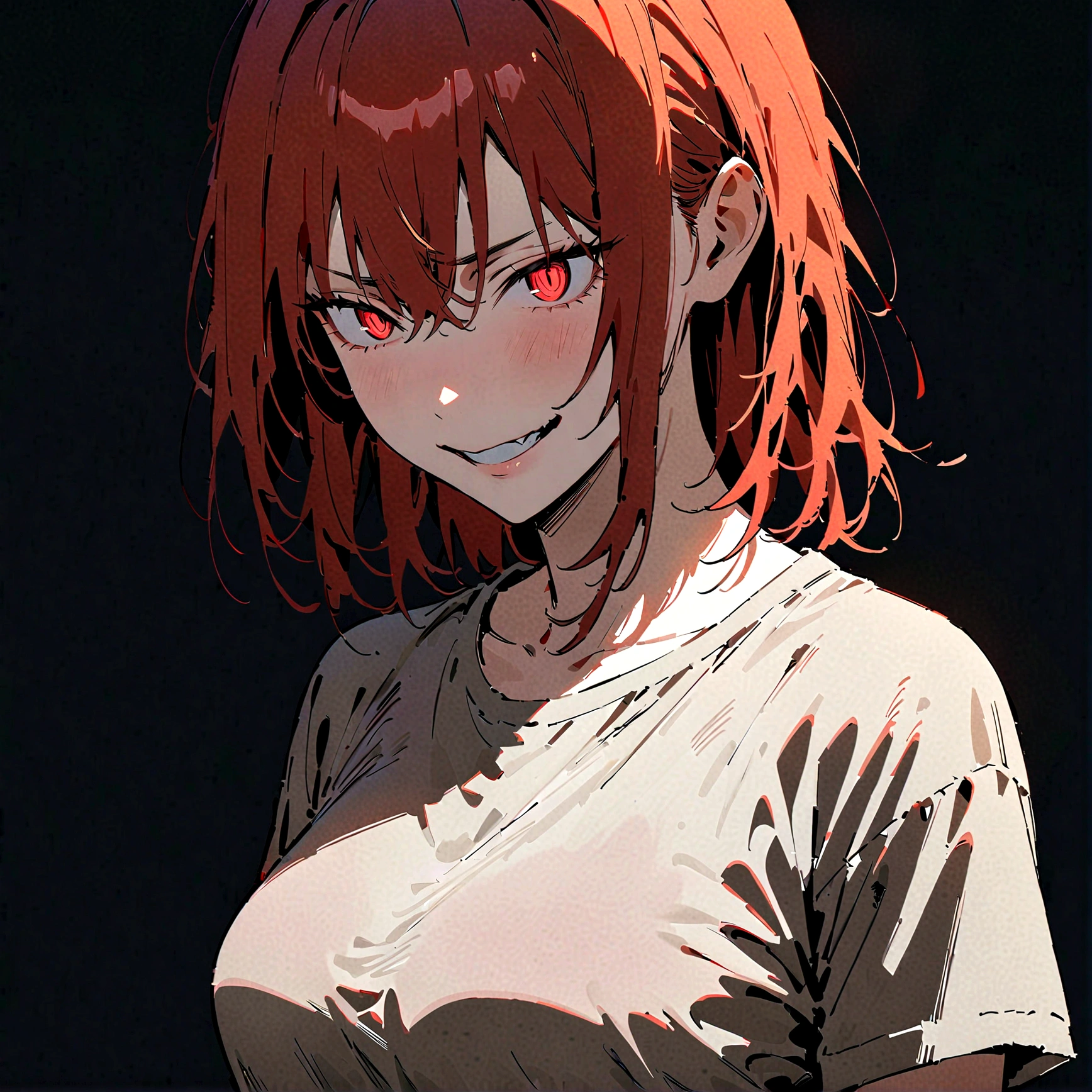 (Masterpiece:1.2, Best Quality), 1 woman, whole body, T-shirt, Casual, medium breasts,long red hair, minimal makeup,pale,Natural fabrics, closeup face, evil smile, bright red eyes circular pupils,8K high resolution, detailed lines, ((whole body)) female mature body 