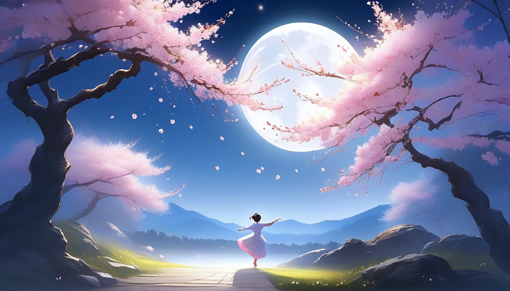 (masterpiece, best quality:1.2), Dancing Cherry Blossoms,Full moon backlighting, light coming in, fantastic atmosphere.