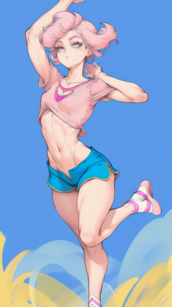 Full body image of Pearl from Steven Universe, full body in image, wearing her original outfit (light blue top, peach shorts, and ballet slippers), short pale pink hair, female body, slender and graceful body, dynamic pose, detailed pose, simple background, expressive face showing elegance, focus on face, line art, sketch