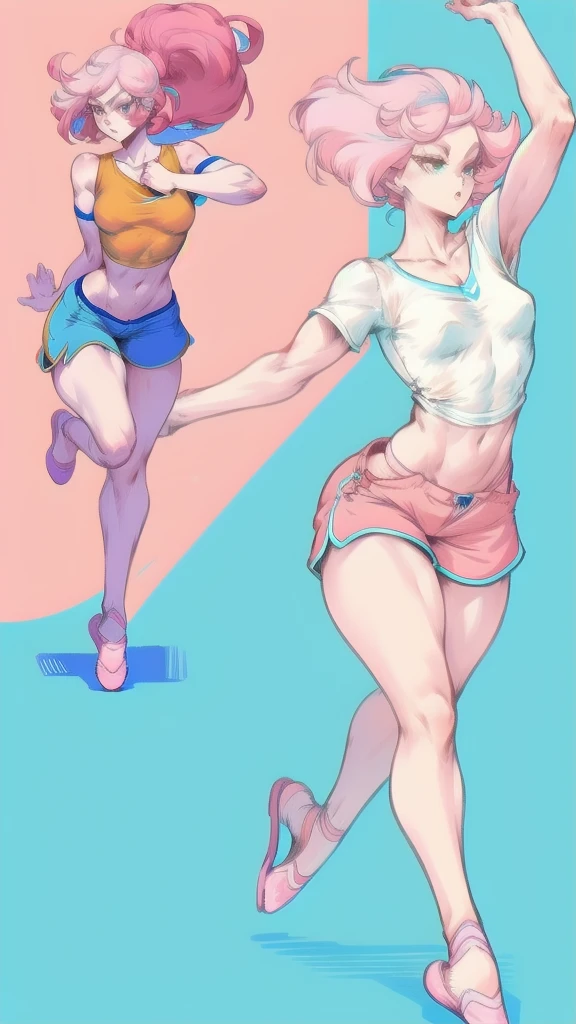 Full body image of Pearl from Steven Universe, full body in image, wearing her original outfit (light blue top, peach shorts, and ballet slippers), short pale pink hair, female body, slender and graceful body, dynamic pose, detailed pose, simple background, expressive face showing elegance, focus on face, line art, sketch